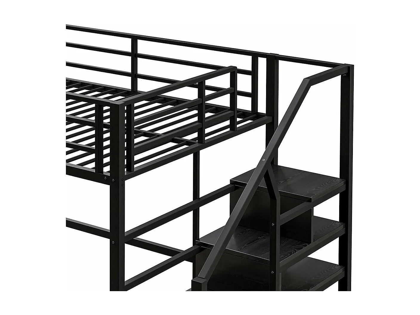 Lit en mezzanine 140*200 cm, étagères, échelle de rangement, espace sous le lit pour les panneaux et les rails, sans matelas, noir