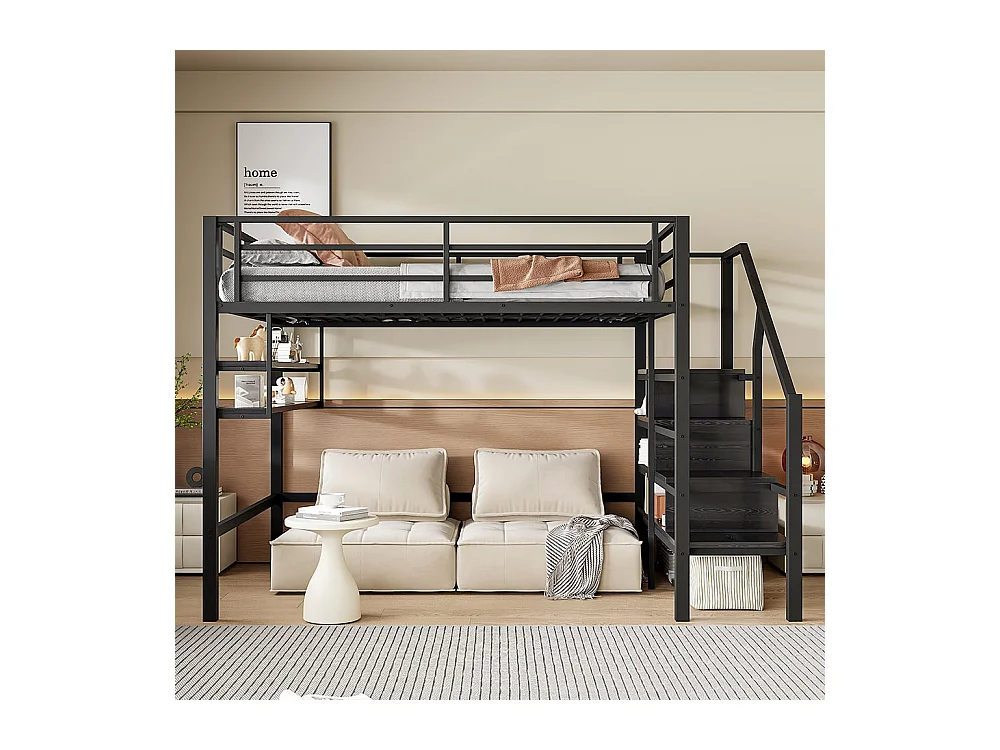 Lit en mezzanine 140*200 cm, étagères, échelle de rangement, espace sous le lit pour les panneaux et les rails, sans matelas, noir