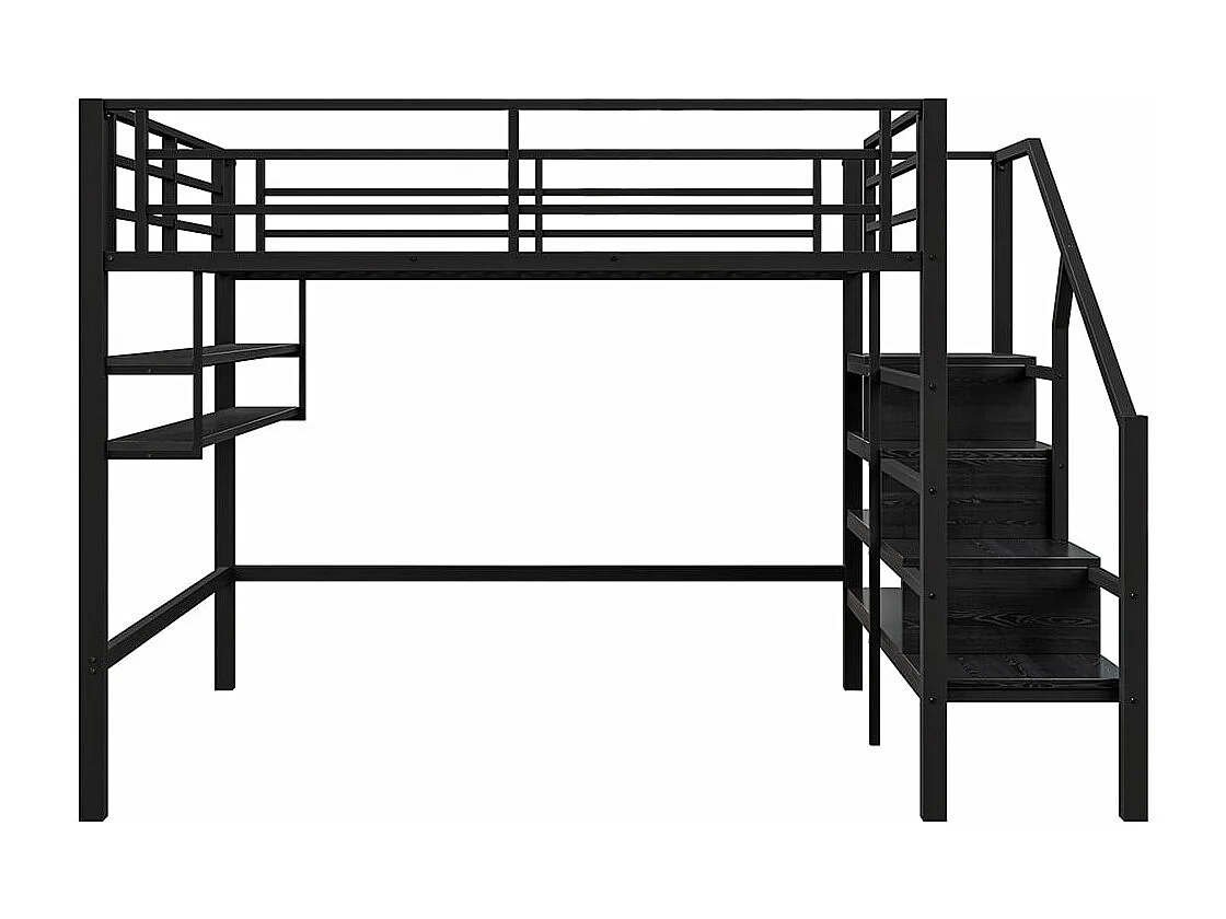 Cama altillo 140*200 cm, estantes, escalera de almacenamiento, espacio bajo la cama para paneles y barandillas, sin colchón, negro
