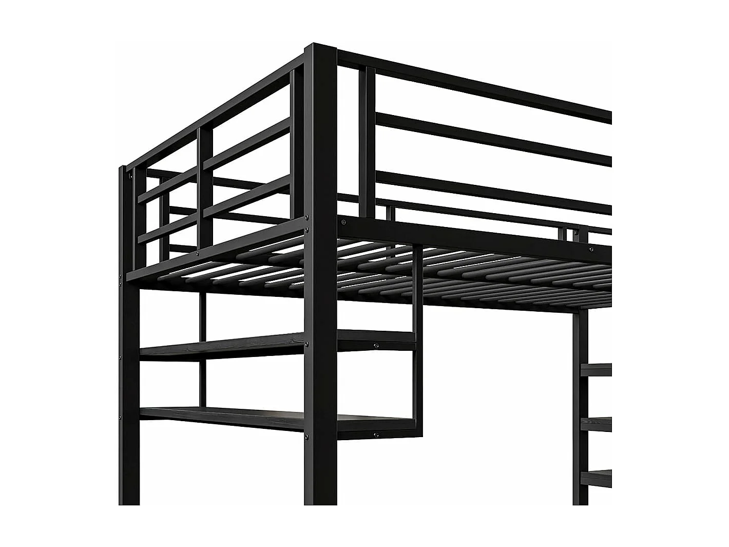 Cama altillo 140*200 cm, estantes, escalera de almacenamiento, espacio bajo la cama para paneles y barandillas, sin colchón, negro