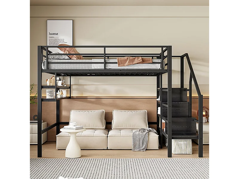 Lit en mezzanine 140*200 cm, étagères, échelle de rangement, espace sous le lit pour les panneaux et les rails, sans matelas, noir