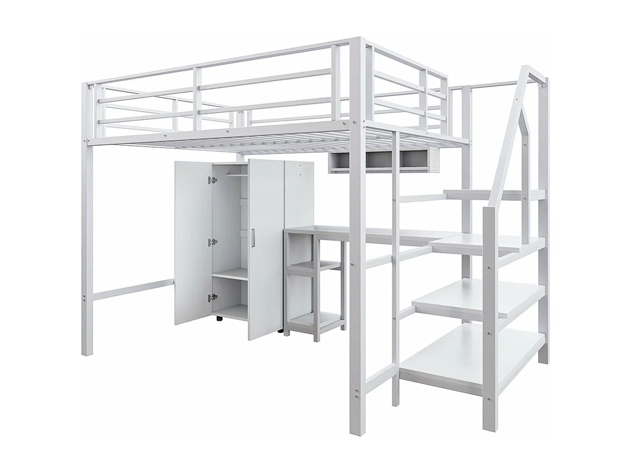 Mezzanine bed 140*200 cm, kleerkast, legplanken, opbergladder, bureau, zonder matras, wit