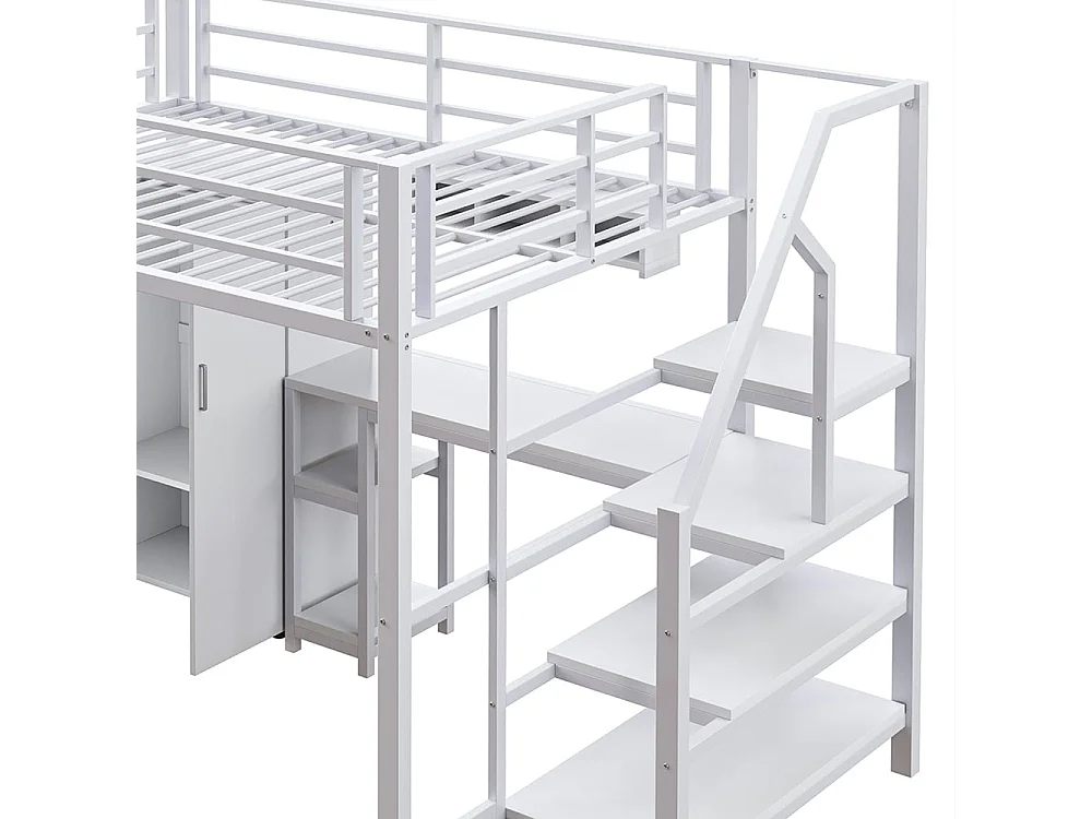 Mezzanine bed 140*200 cm, kleerkast, legplanken, opbergladder, bureau, zonder matras, wit