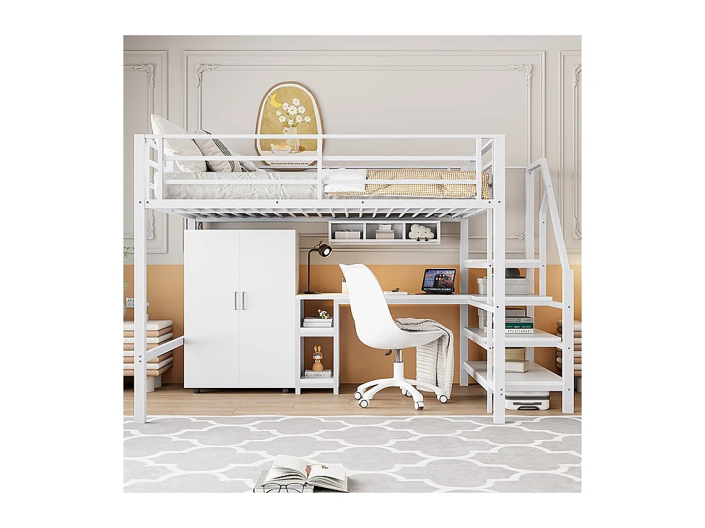Lit en mezzanine 140*200 cm, armoire, étagères, échelle de rangement, bureau, sans matelas, blanc