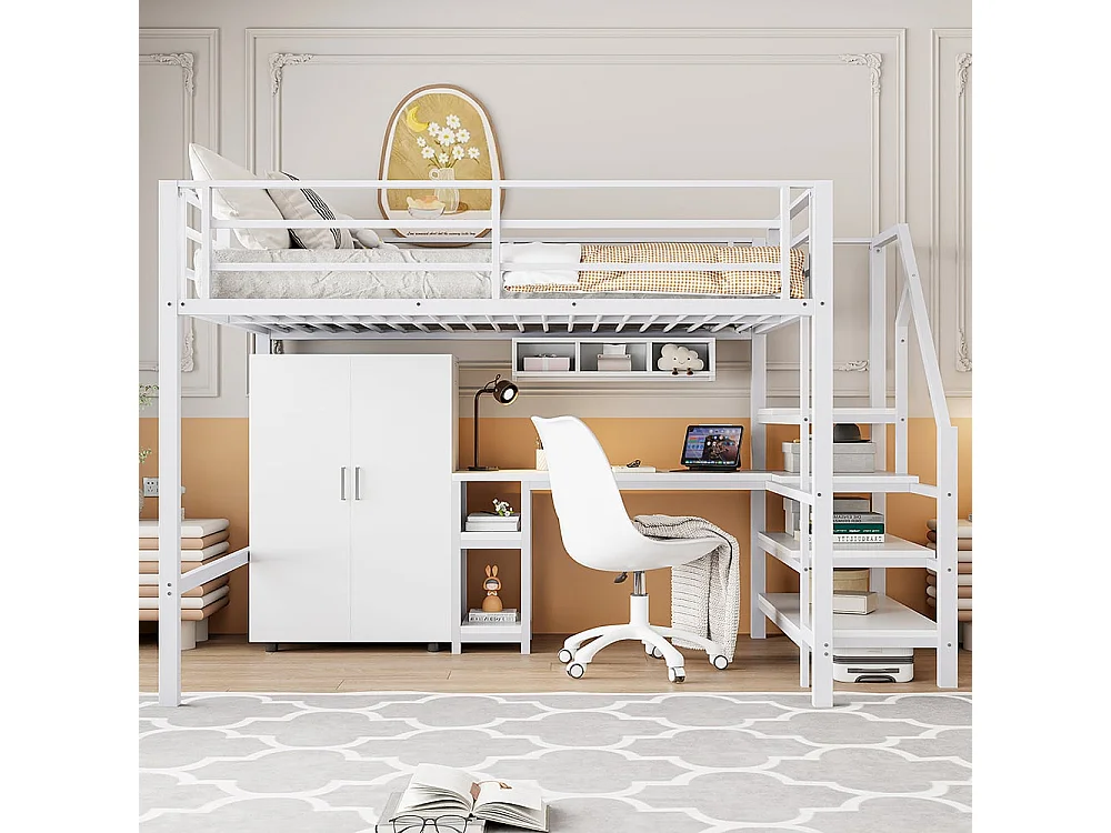 Lit en mezzanine 140*200 cm, armoire, étagères, échelle de rangement, bureau, sans matelas, blanc