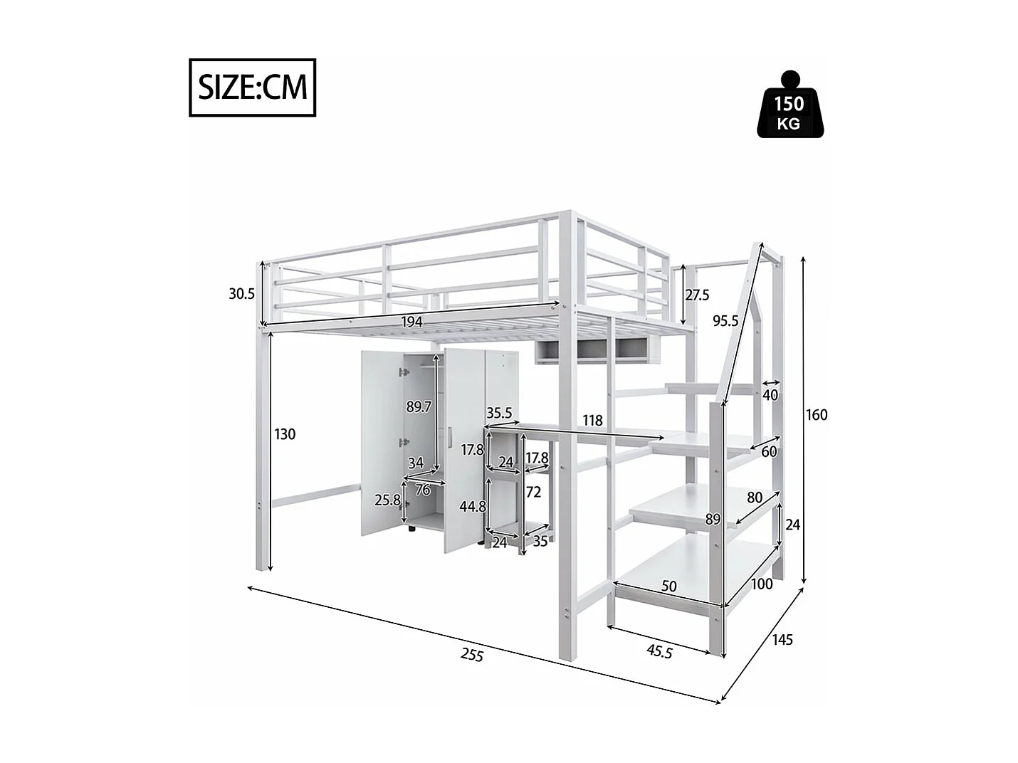 Lit en mezzanine 140*200 cm, armoire, étagères, échelle de rangement, bureau, sans matelas, blanc