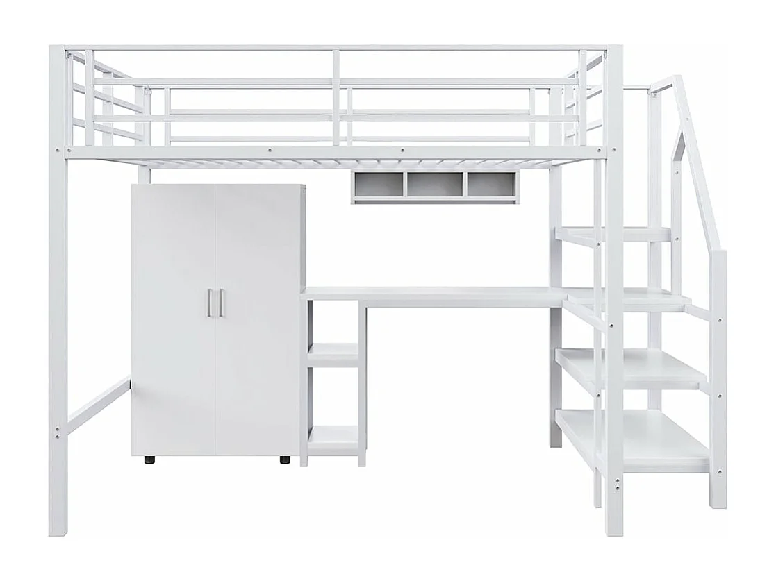 Lit en mezzanine 140*200 cm, armoire, étagères, échelle de rangement, bureau, sans matelas, blanc