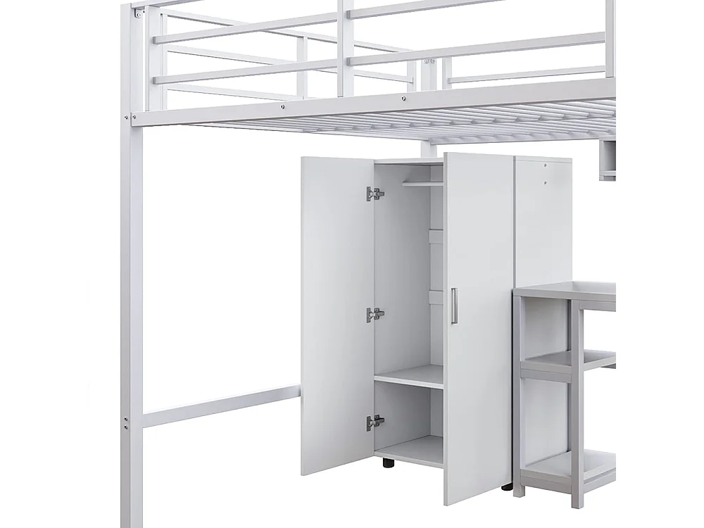 Lit en mezzanine 140*200 cm, armoire, étagères, échelle de rangement, bureau, sans matelas, blanc