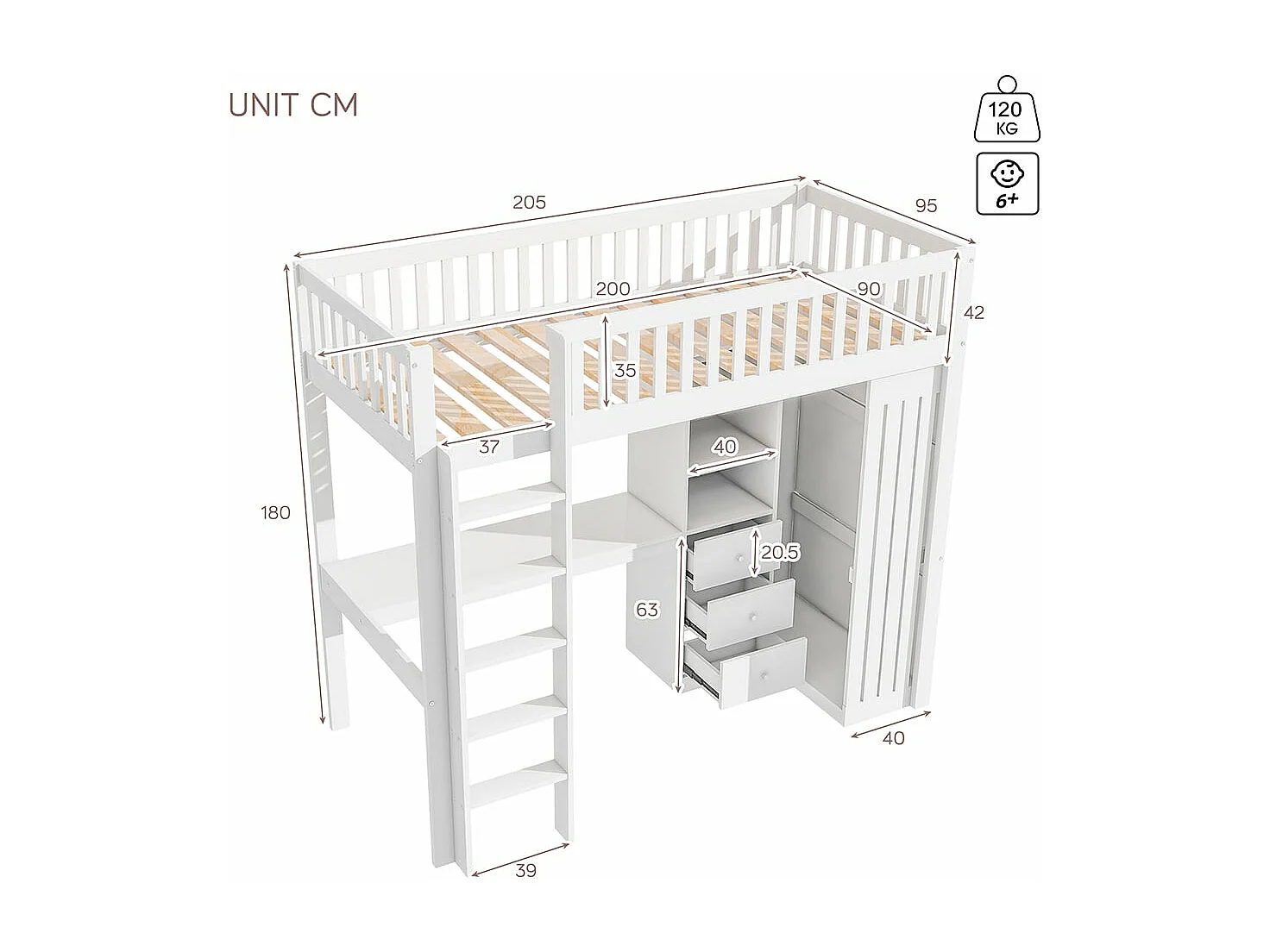 Cama altillo, 90*200 cm, escritorio, armario, 3 cajones, almacenamiento abierto, balaustrada, escalera, sin colchón, blanco