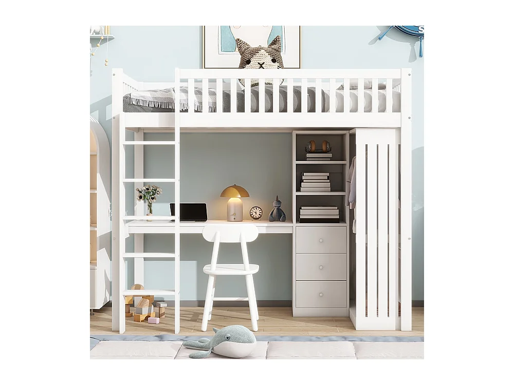 Lit en mezzanine, 90*200 cm, bureau, armoire, 3 tiroirs, rangement ouvert, balustrade, escalier, sans matelas, blanc