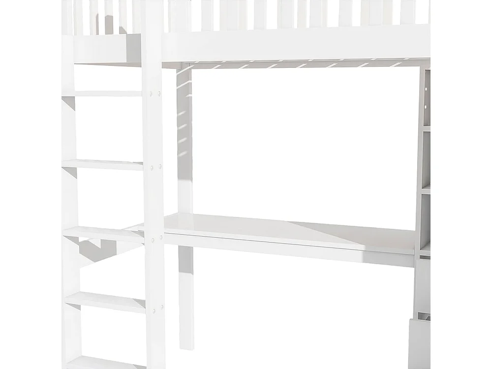 Letto a soppalco, 90*200 cm, scrivania, armadio, 3 cassetti, contenitore aperto, balaustra, scala, senza materasso, bianco