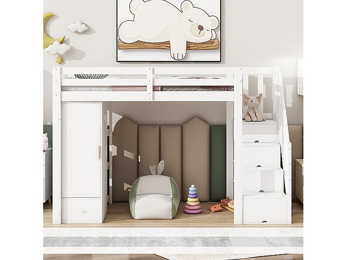 Wyibwy Letto a soppalco 90x200 cm, scala di sicurezza verticale con cassetti e ripiani, recinzione alta, rete a doghe, letto in pino, letto singolo in legno,Grigio