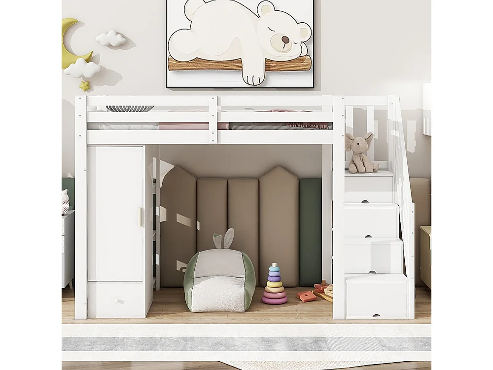 Lit en mezzanine, 90x200 cm, sans matelas, mains courantes, échelle escamotable, tiroirs, armoire, plusieurs étagères, espace combinable libre, blanc