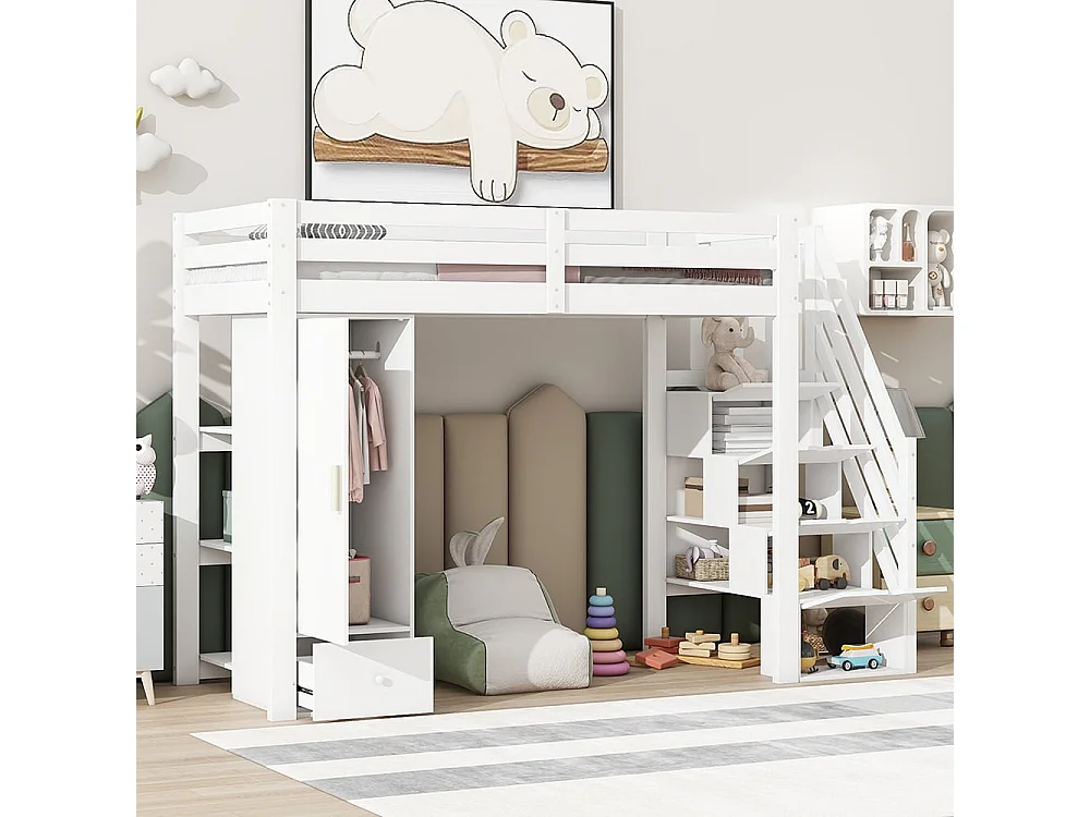 Lit en mezzanine, 90x200 cm, sans matelas, mains courantes, échelle escamotable, tiroirs, armoire, plusieurs étagères, espace combinable libre, blanc
