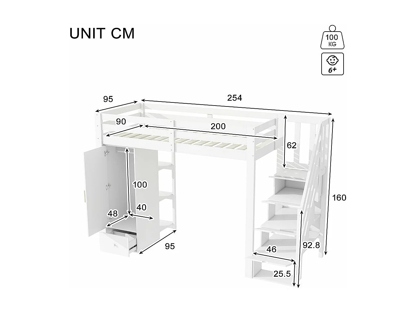 Lit en mezzanine, 90x200 cm, sans matelas, mains courantes, échelle escamotable, tiroirs, armoire, plusieurs étagères, espace combinable libre, blanc