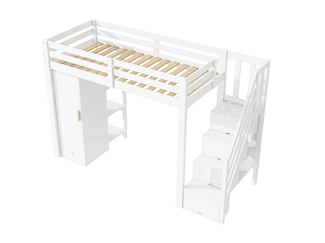 Lit en mezzanine, 90x200 cm, sans matelas, mains courantes, échelle escamotable, tiroirs, armoire, plusieurs étagères, espace combinable libre, blanc