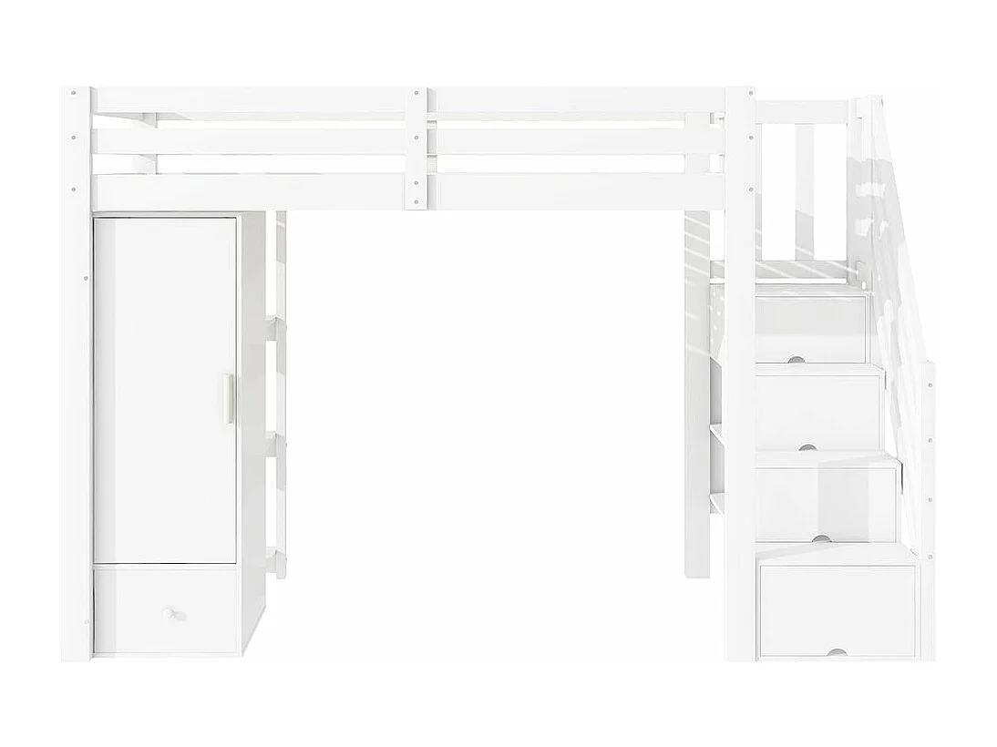 Lit en mezzanine, 90x200 cm, sans matelas, mains courantes, échelle escamotable, tiroirs, armoire, plusieurs étagères, espace combinable libre, blanc