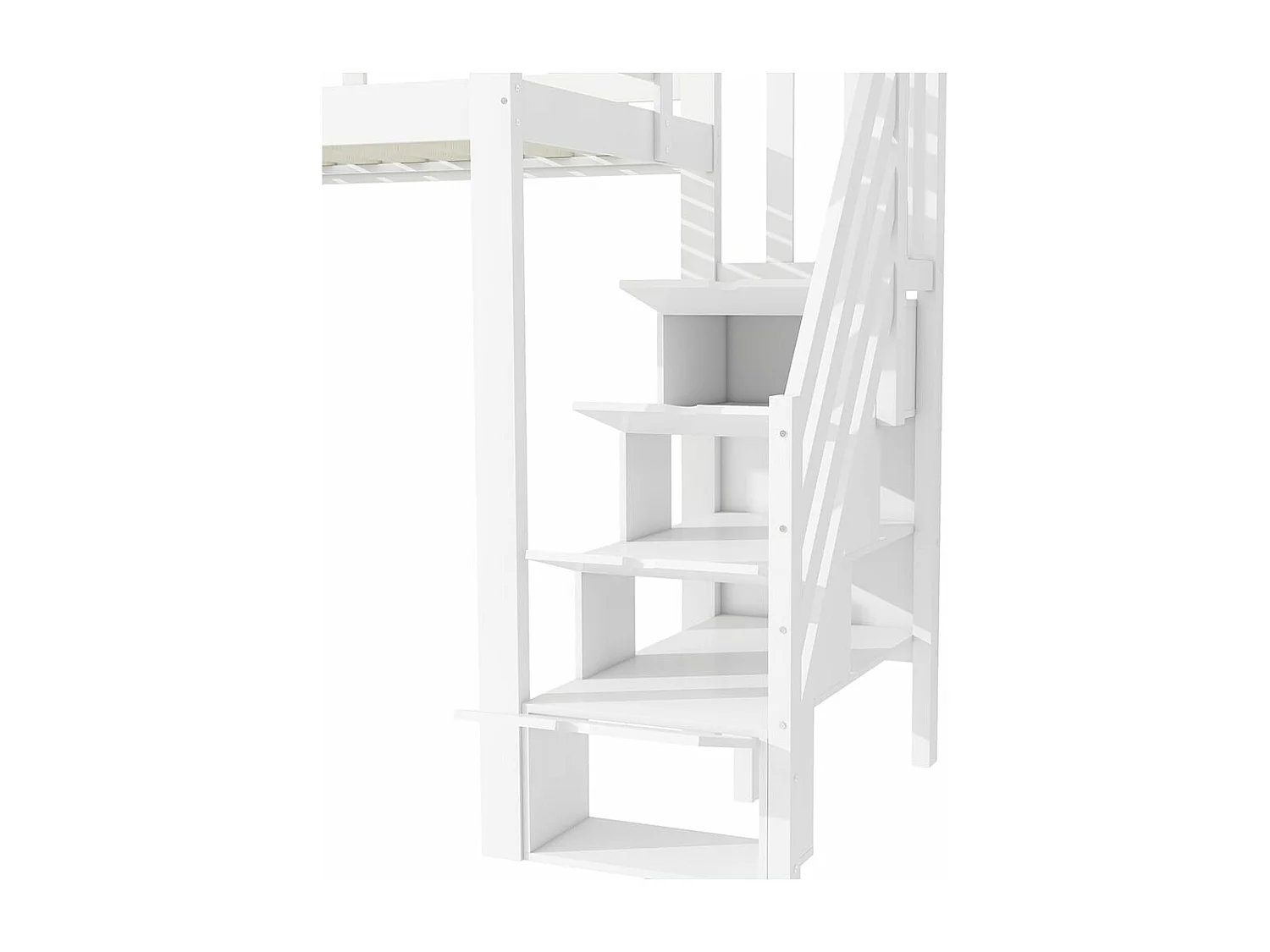 Lit en mezzanine, 90x200 cm, sans matelas, mains courantes, échelle escamotable, tiroirs, armoire, plusieurs étagères, espace combinable libre, blanc