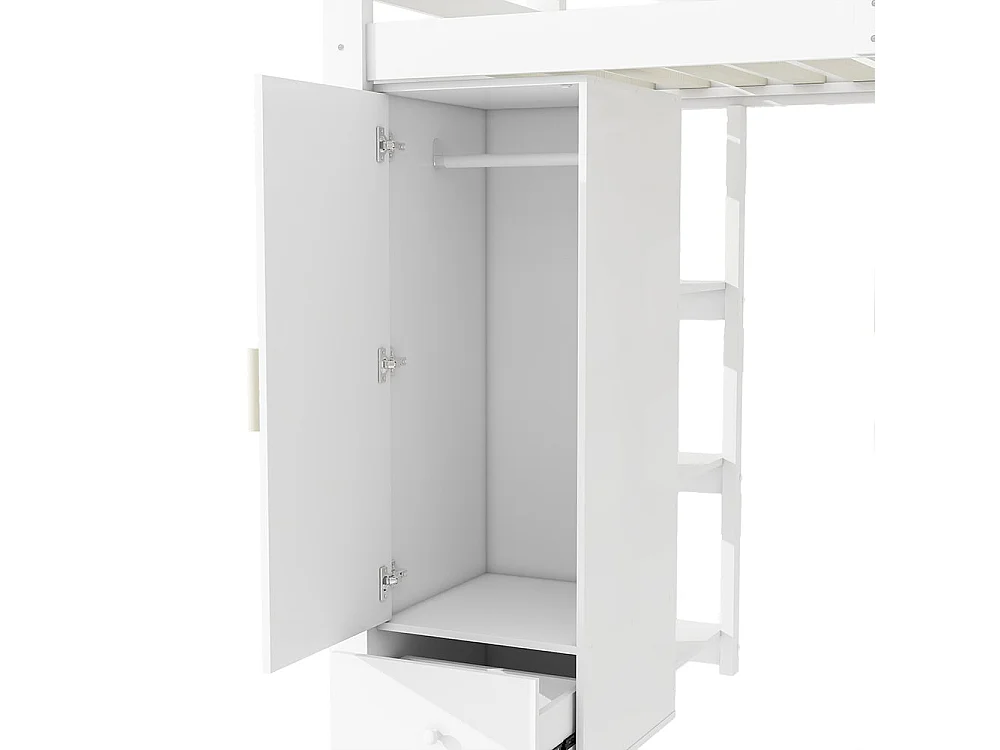 Lit en mezzanine, 90x200 cm, sans matelas, mains courantes, échelle escamotable, tiroirs, armoire, plusieurs étagères, espace combinable libre, blanc