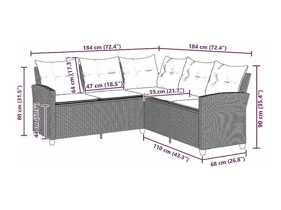 Canapés en forme de L avec coussins noir résine tressée