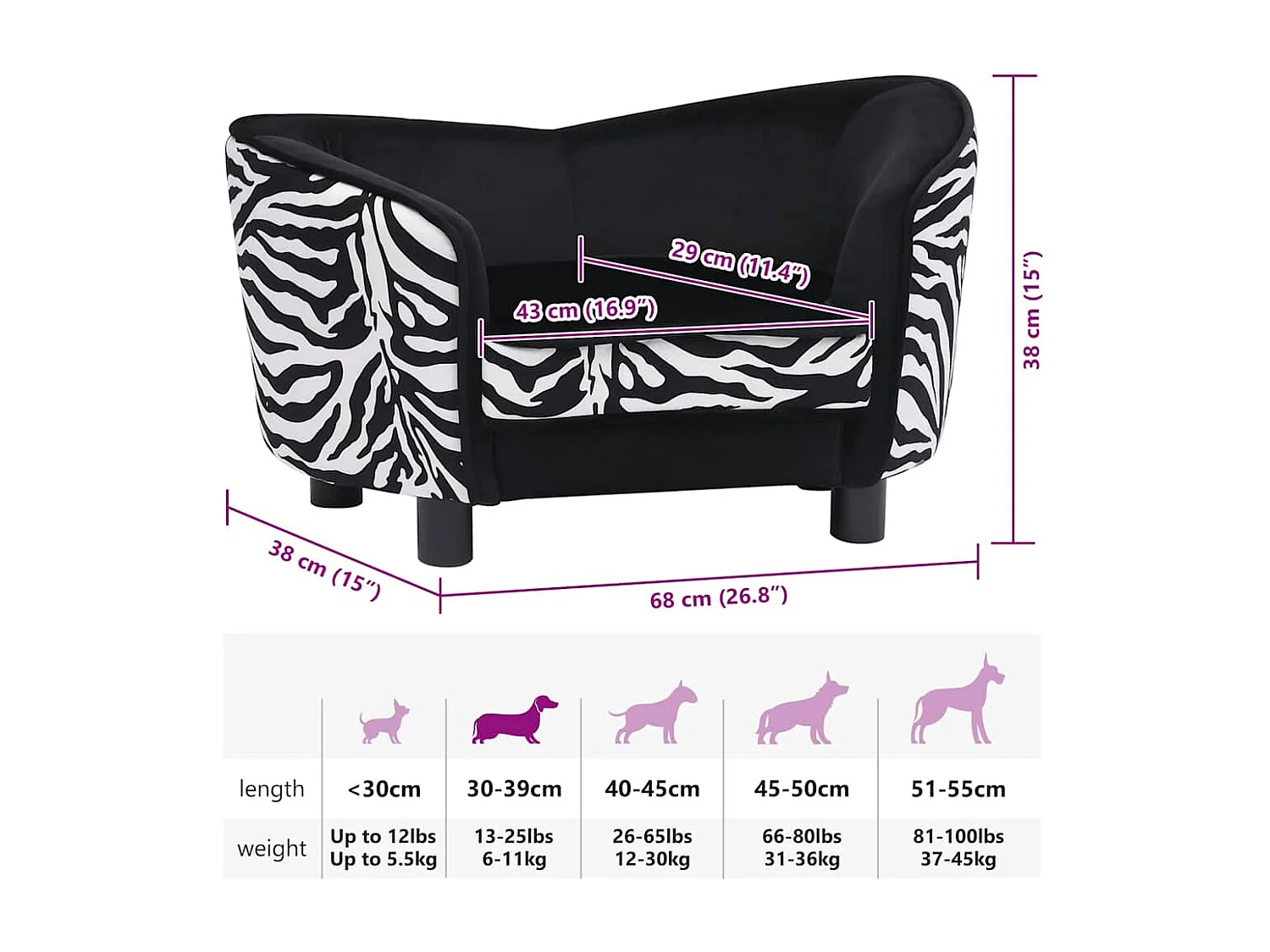 Divano per cani nero 68x38x38 cm peluche