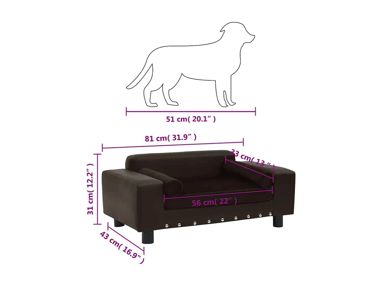 Divano per cani marrone 81x43x31 cm peluche e similpelle
