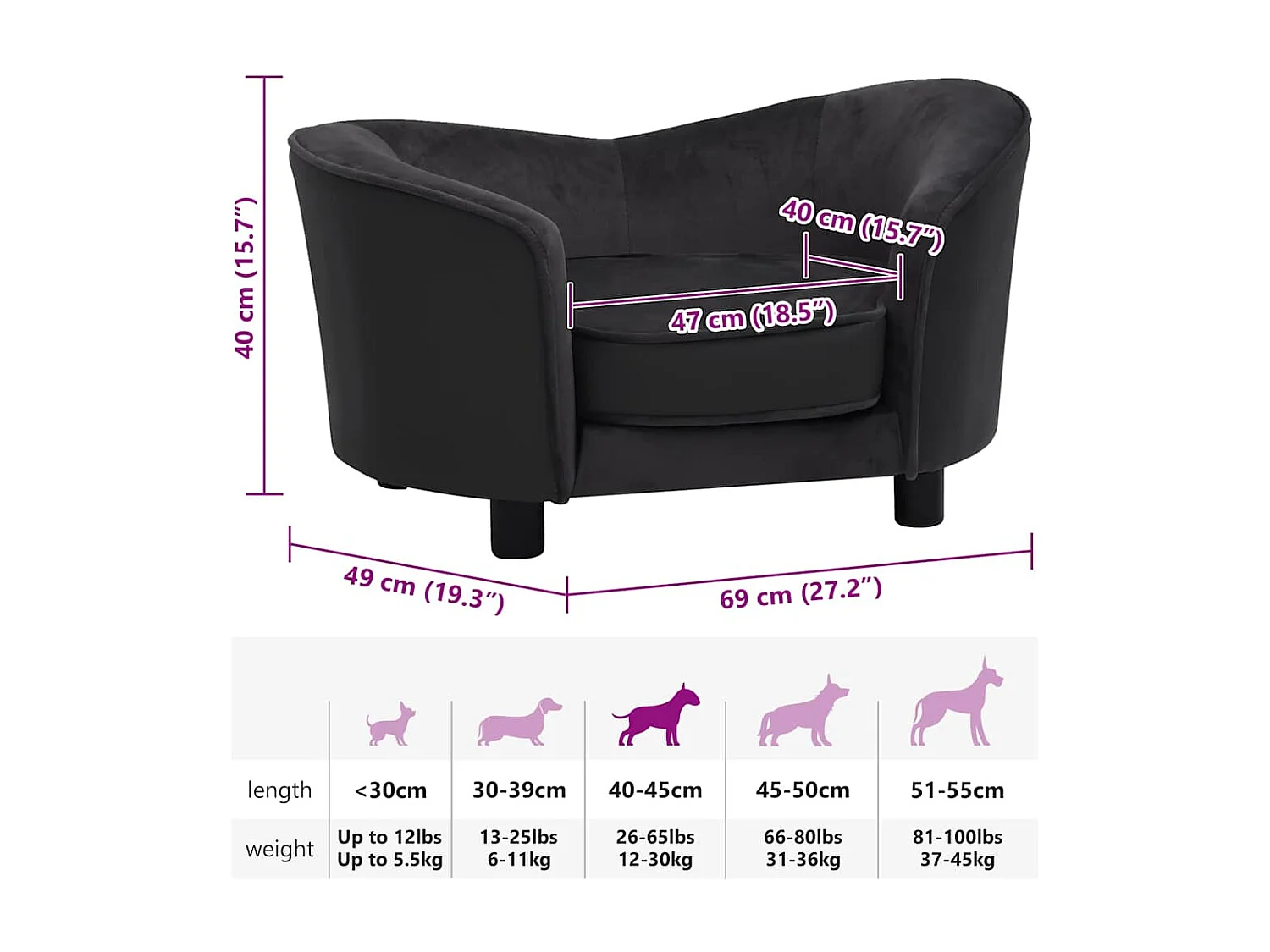 Divano per cani nero 69x49x40 cm in peluche e similpelle