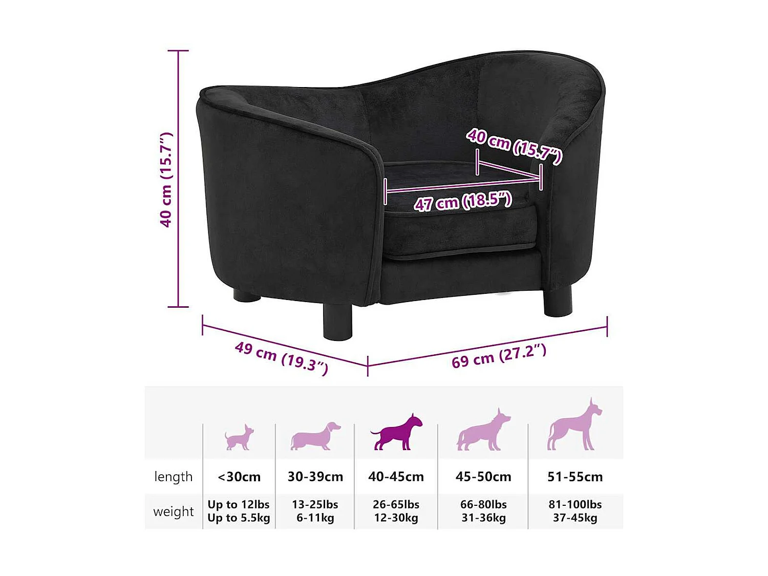 Divano per cani nero 69x49x40 cm peluche