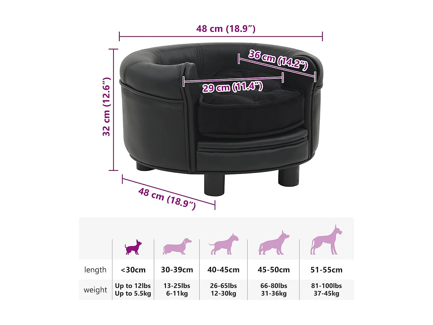 Sofá Perro Negro 48x48x32 cm Peluche y Piel Sintética