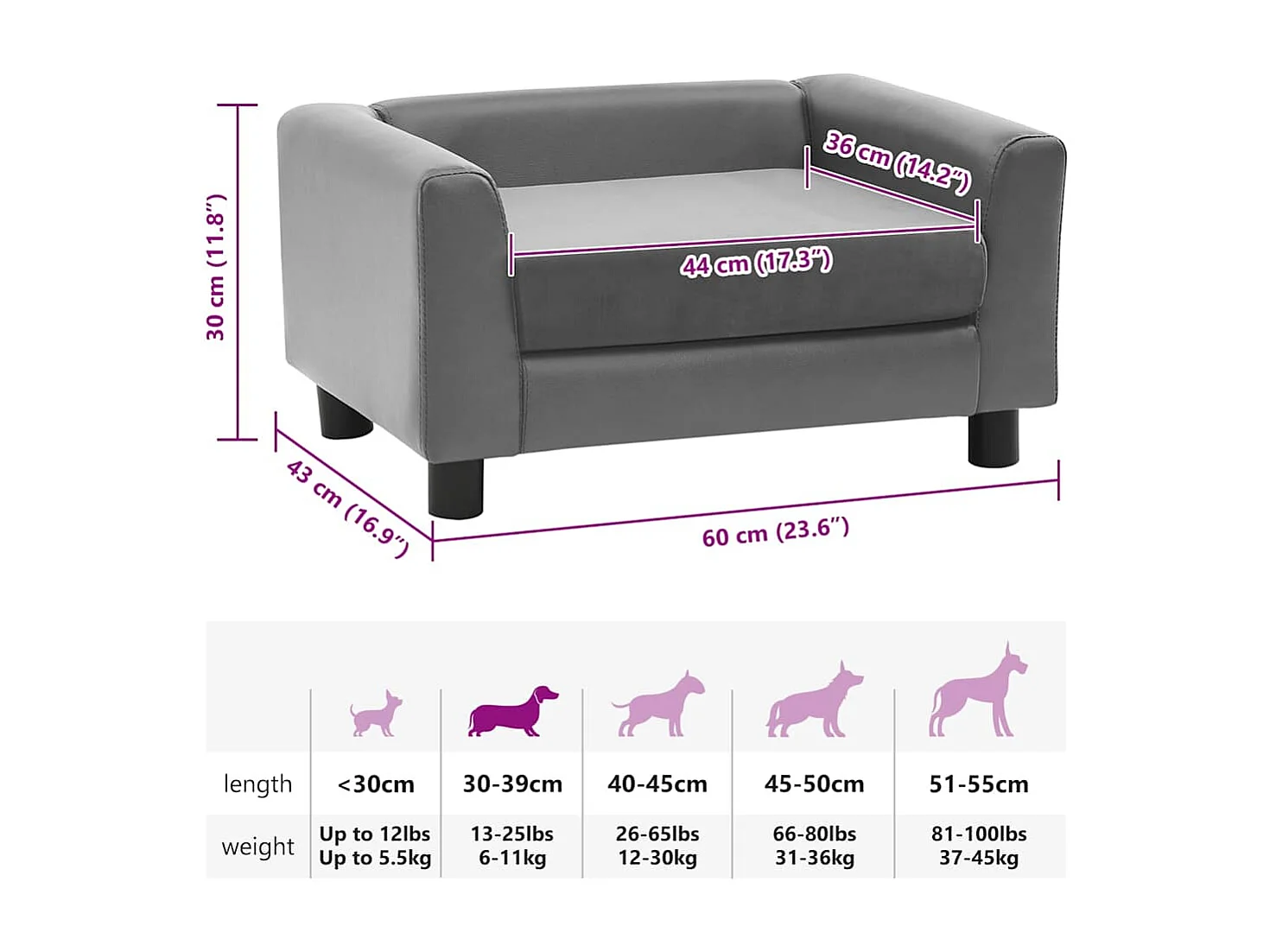 Divano grigio per cani 60x43x30 cm in peluche e similpelle