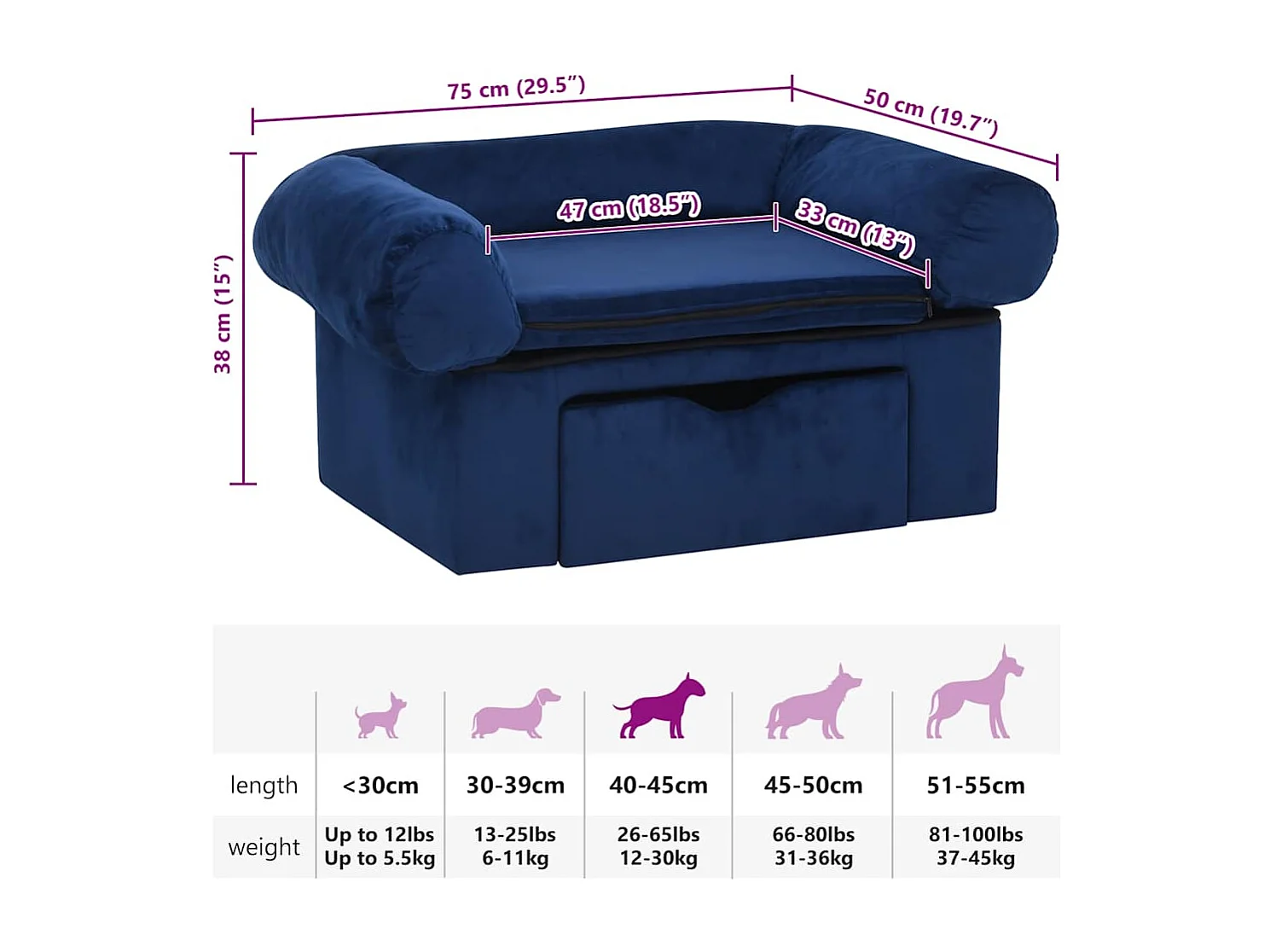 Divano per cani con cassetto Blu 75x50x38 cm Peluche