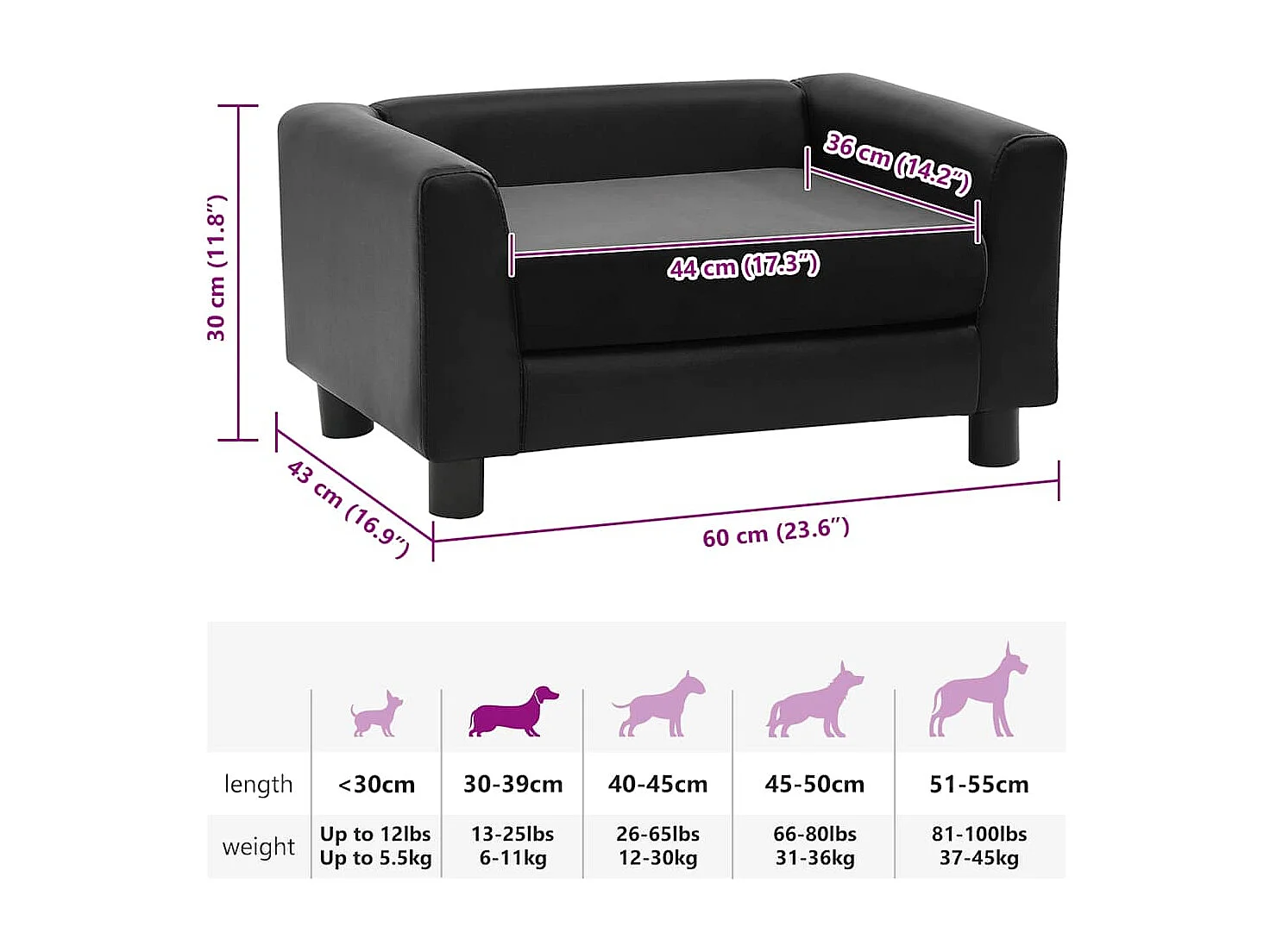 Divano per cani nero 60x43x30 cm in peluche e similpelle