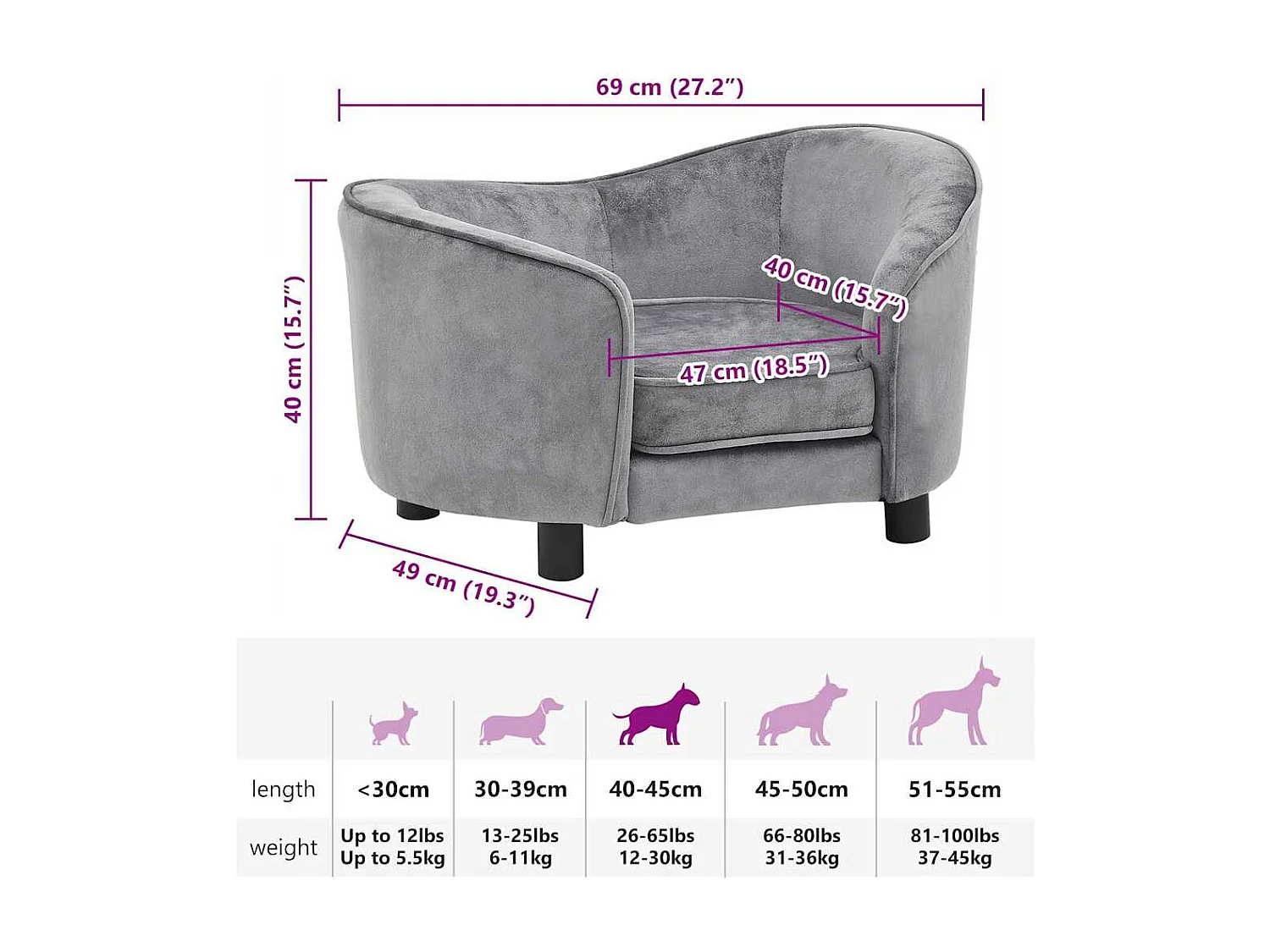 Canapé pour chien Gris 69x49x40 cm Peluche