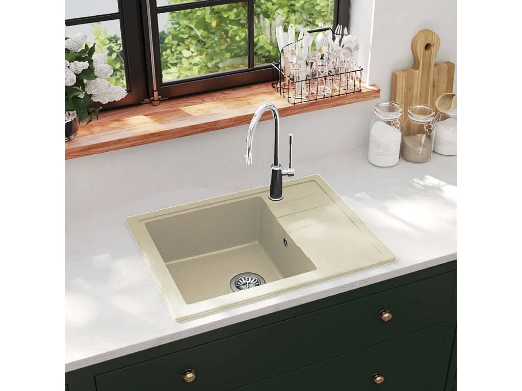 évier de cuisine avec trou de trop-plein ovale Beige Granit