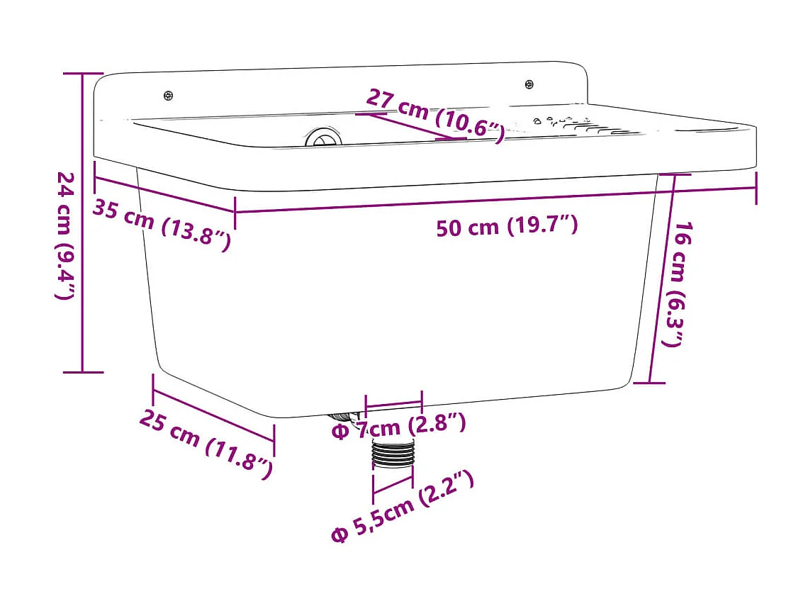 Lavabo pour montage murale blanc 50x35x24 cm résine