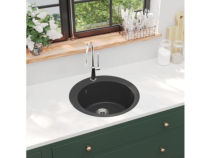 Granit-Küchenspüle S-822N Schwarz – 55,9x44,1 Cm, Einzelbecken, Unterbau/Drop-In