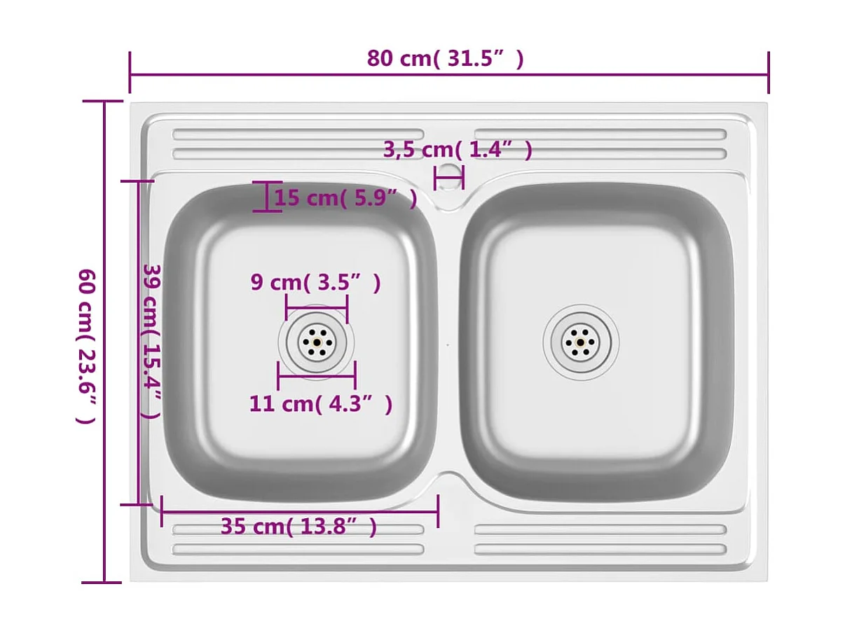évier de cuisine à double lavabo argenté 800x600x155 mm inox