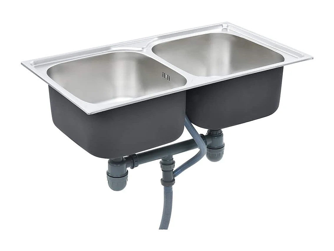Doppelte Küchenspüle mit Sieb und Siphon aus Edelstahl