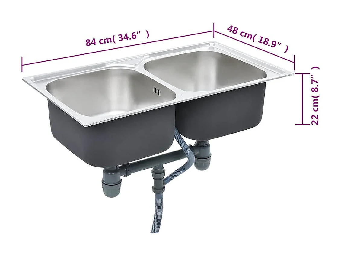 Doppelte Küchenspüle mit Sieb und Siphon aus Edelstahl