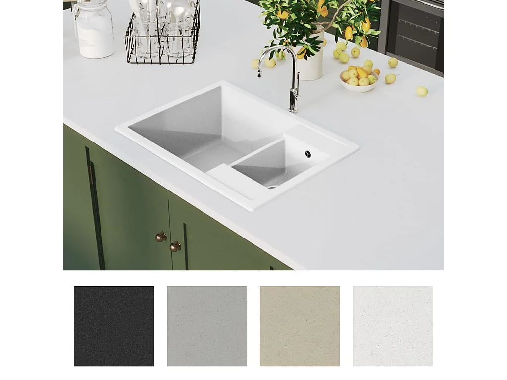 évier de cuisine deux lavabos trou de trop-plein Blanc Granit