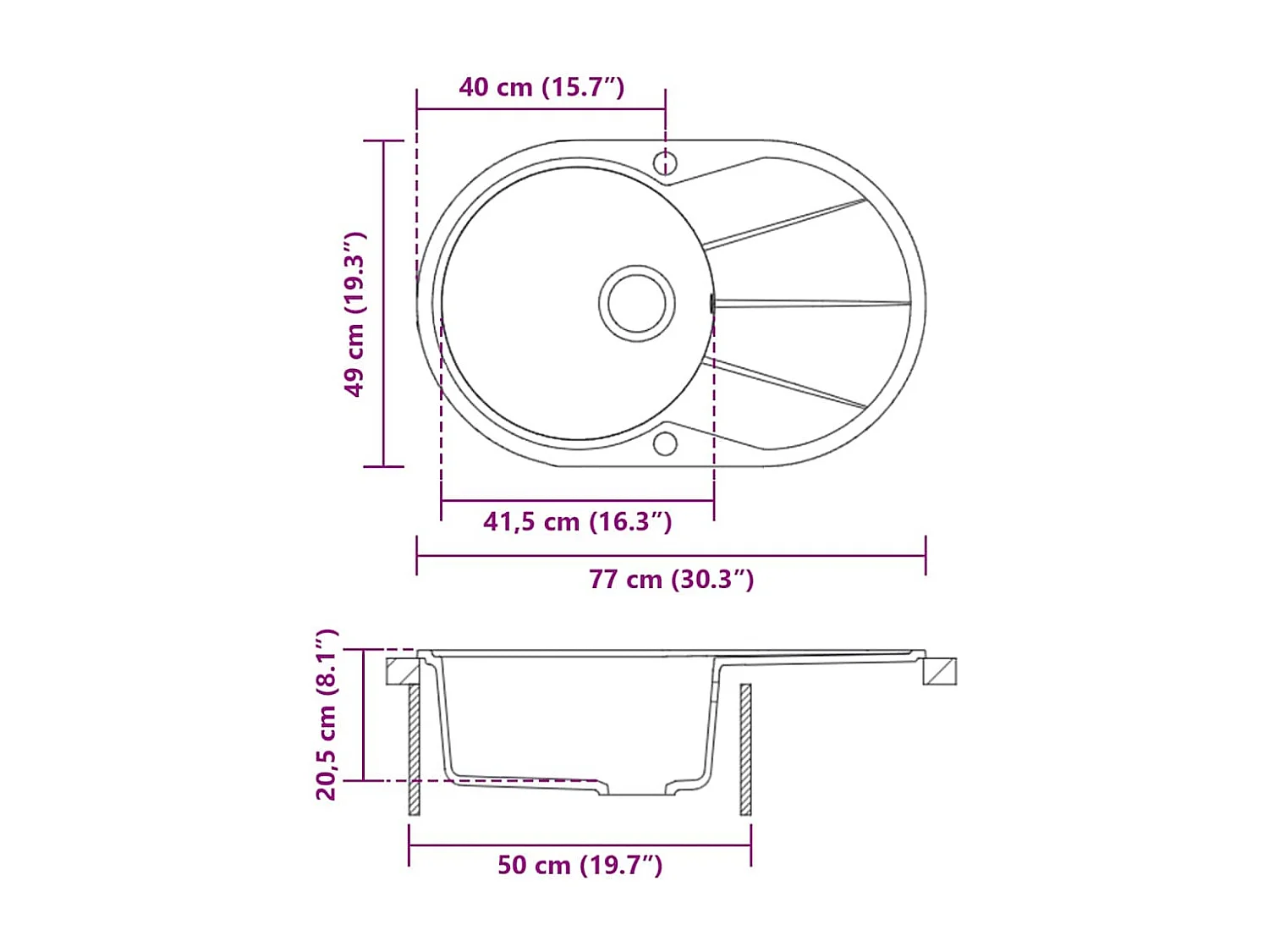 évier de cuisine Granit Seul lavabo Ovale Beige