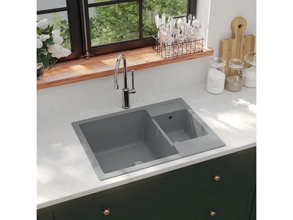 Lavello da cucina e due vasche con foro di troppo pieno Granito grigio
