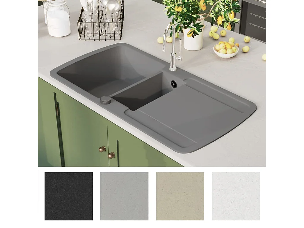 Pia de cozinha de granito com cuba dupla cinza