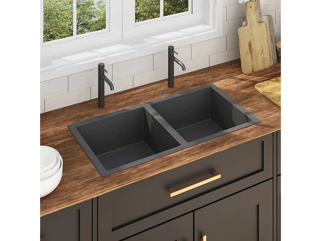 évier de cuisine fait main Noir Acier inoxydable