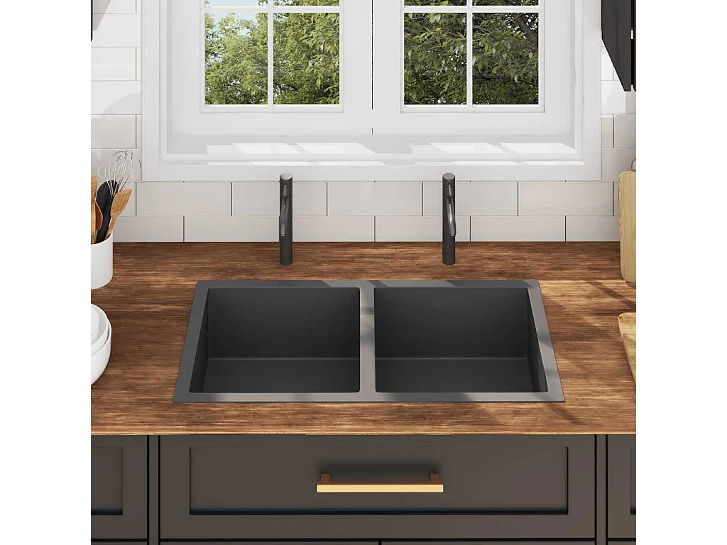 évier de cuisine fait main Noir Acier inoxydable