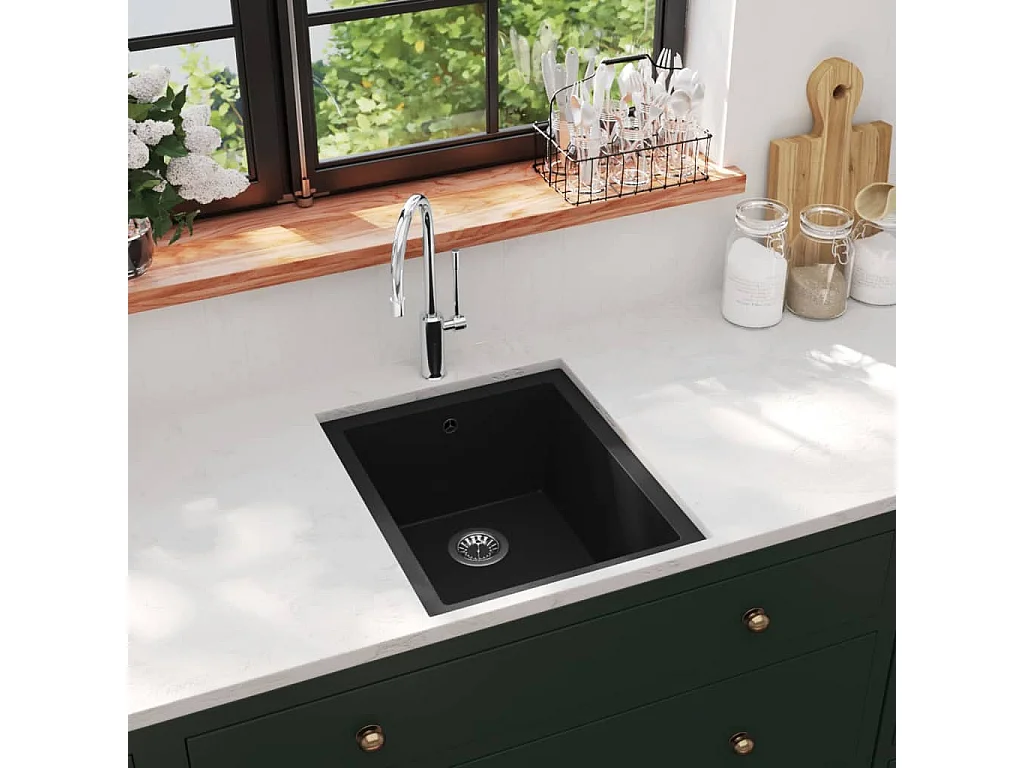 Lavello da cucina in granito nero con foro di troppo pieno