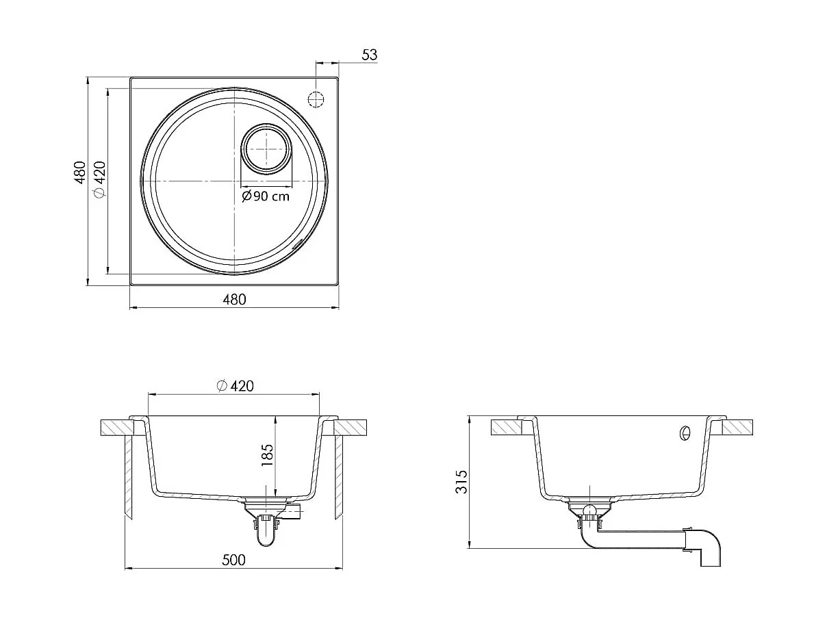 Schwarzes Granit-Spülbecken mit Überlaufloch
