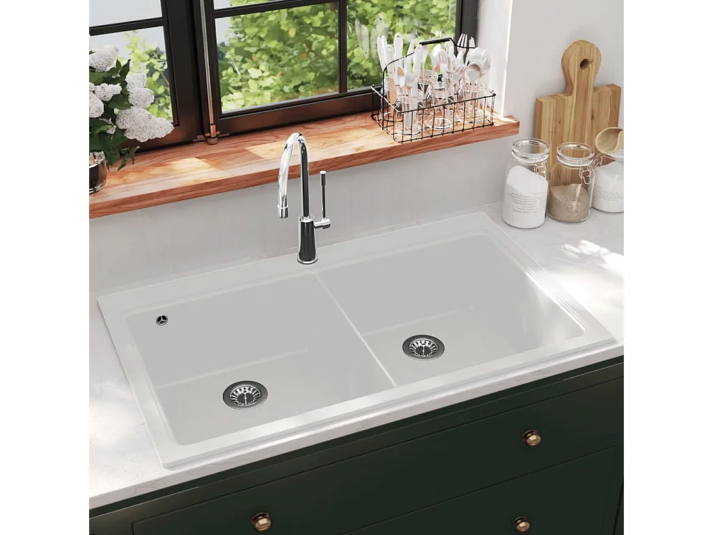 Cremeweiße Granit-Doppelspüle für die Unterbauküche