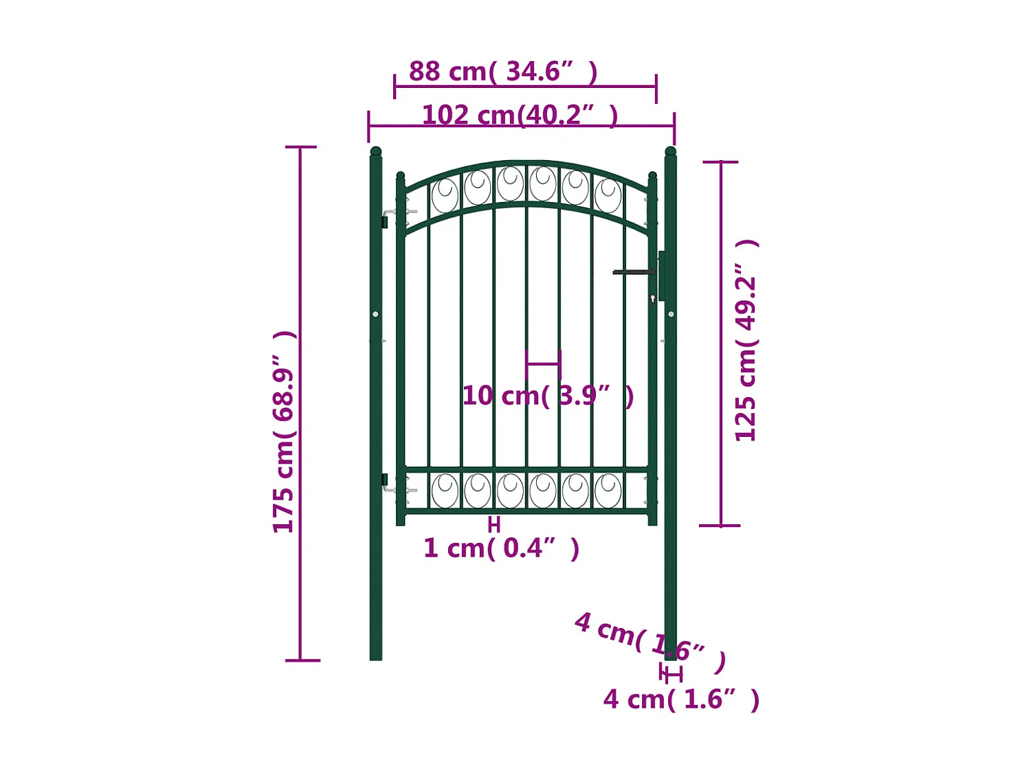 Puerta de valla con arco superior de acero 100x125 cm verde