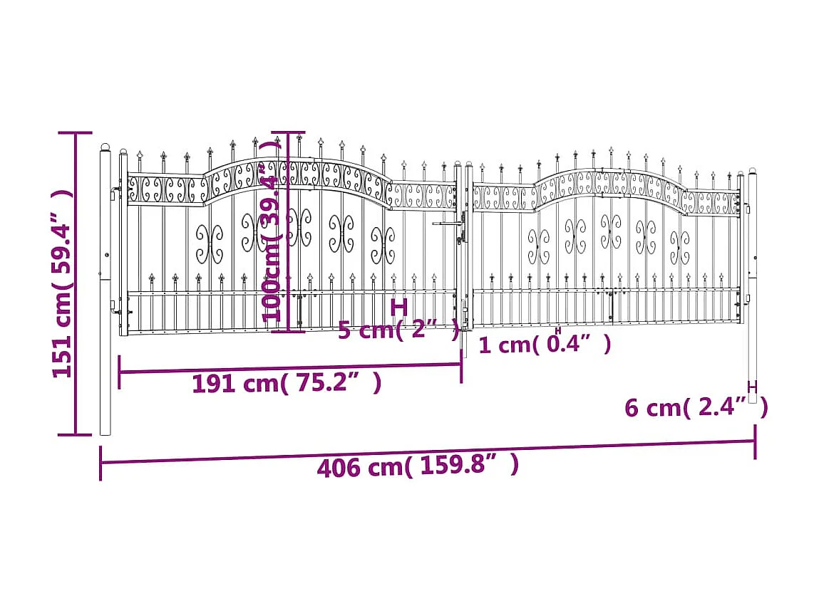 Portale e punta di lancia Nero 406x151 cm Acciaio verniciato a polvere